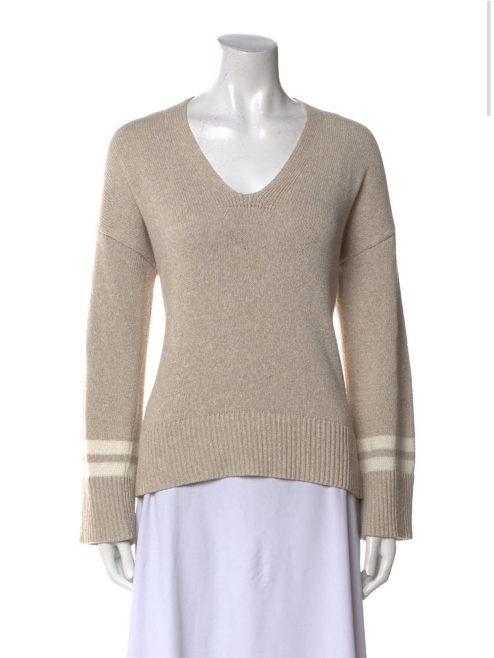 White + Warren Neutral Beige V-Neck Sweater with Ivory Stripe Cuffs